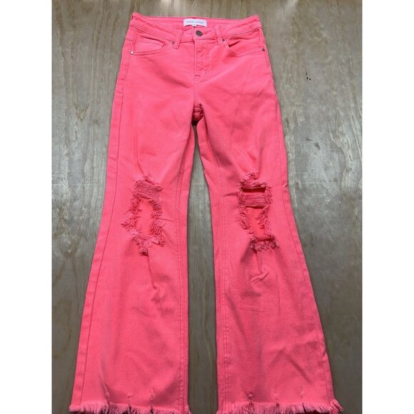 Risen Straight Leg High-Rise Jeans Size 5/27 Coral Pink Slim Fit Distressed - Picture 1 of 8